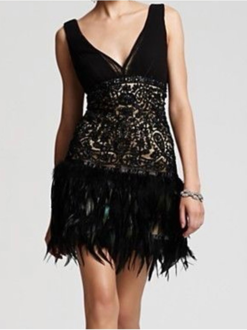 Sue Wong Black beaded Nocturne Cocktail dress with Feather hem